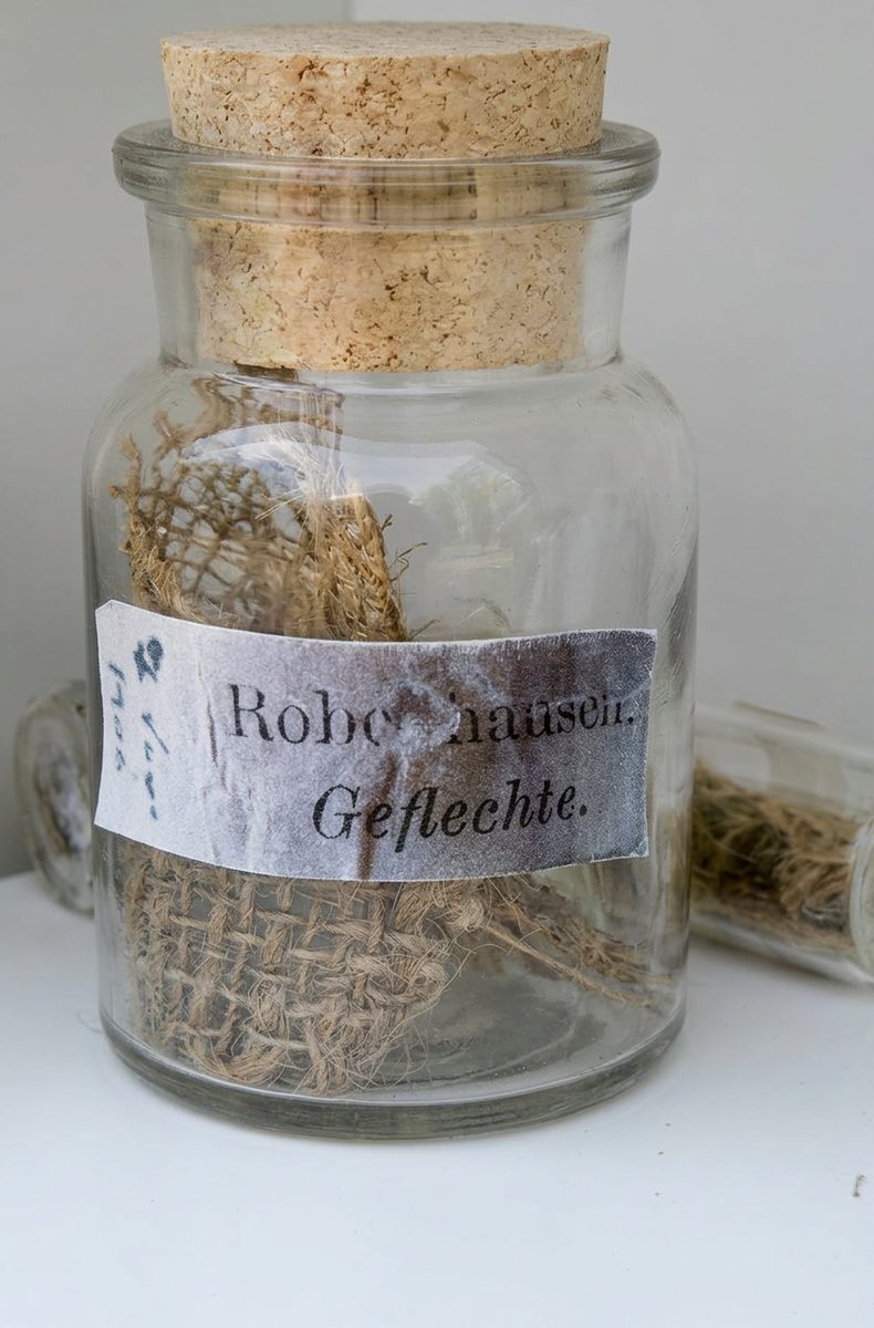 Altes Probenfläschchen mit der Aufschrift Robenhausen Geflechte